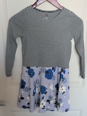 Tea Collection Black & White Striped Top with Blue Floral Skirt Dress